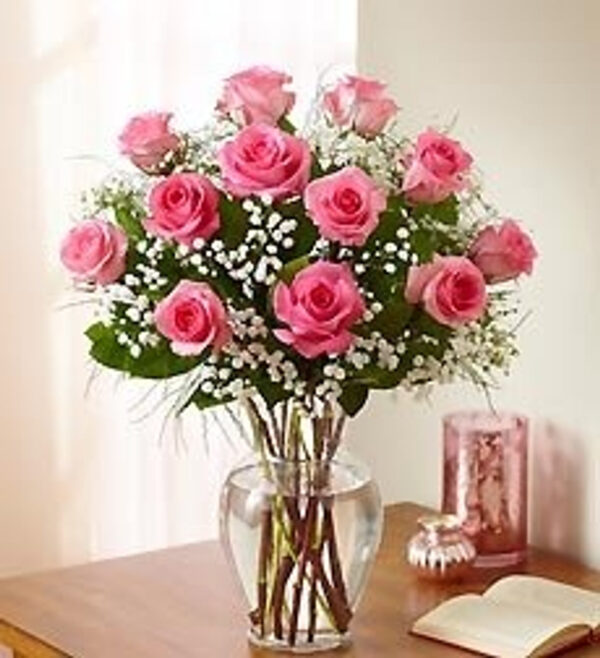 1 Dozen Pink Roses In A Glass Urn A Dozen Long Stemmed Rose Arrangement In A Glass Urn/Vase With Greenery